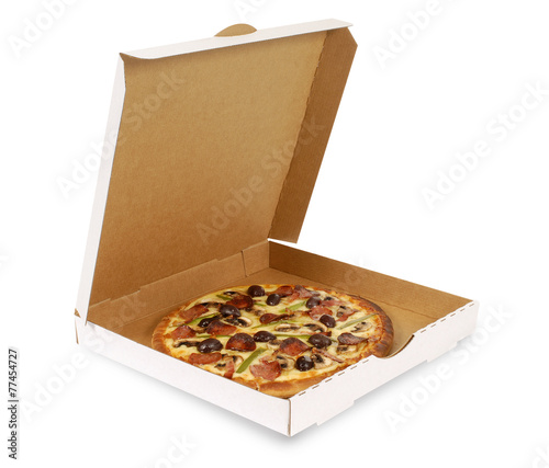Pizza in plain white delivery box open top isolated white background photo