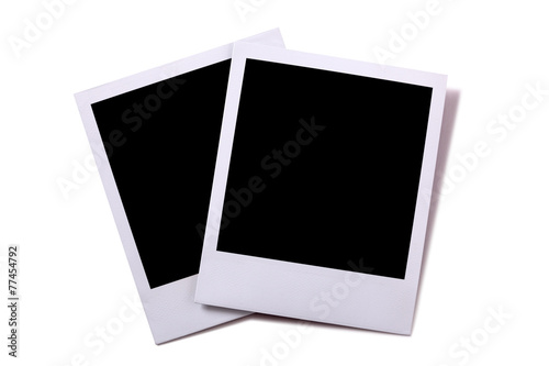 Two polaroid style instant camera photo print frame isolated white background with shadow 