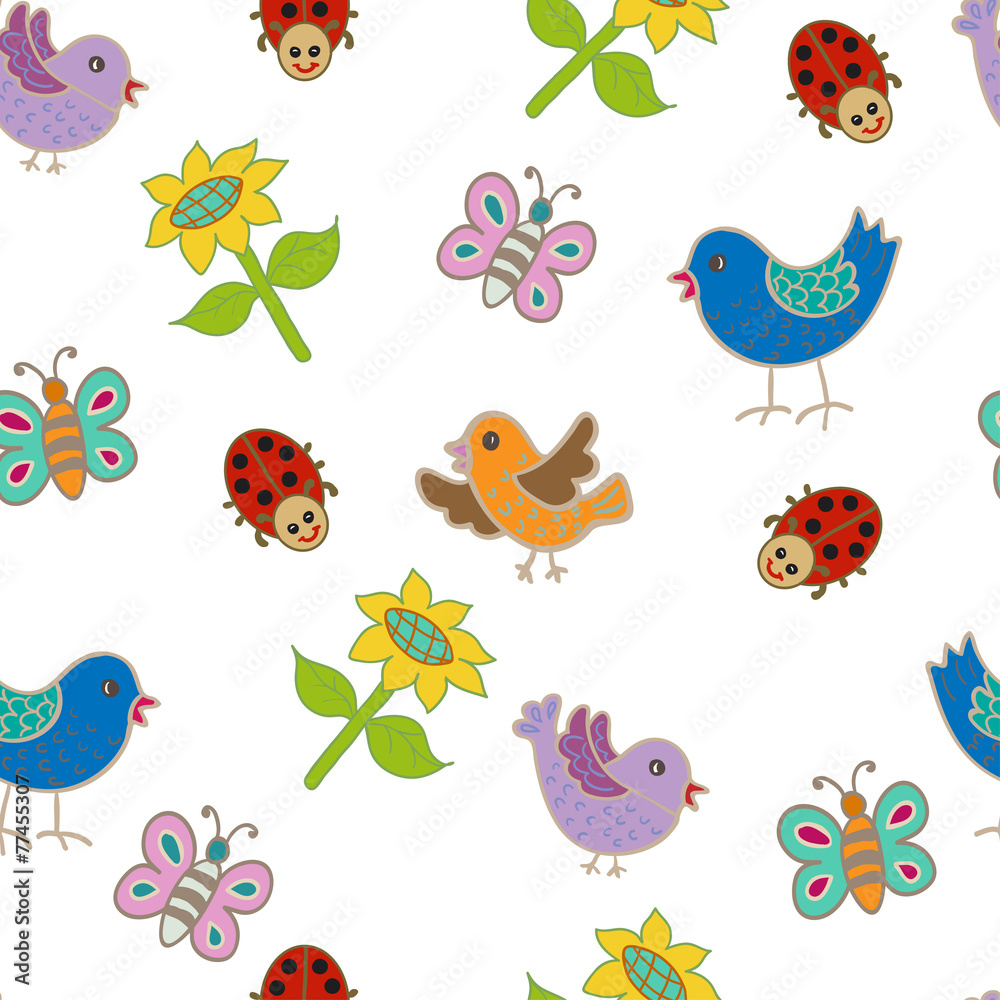 Seamless pattern with bird and flowers.