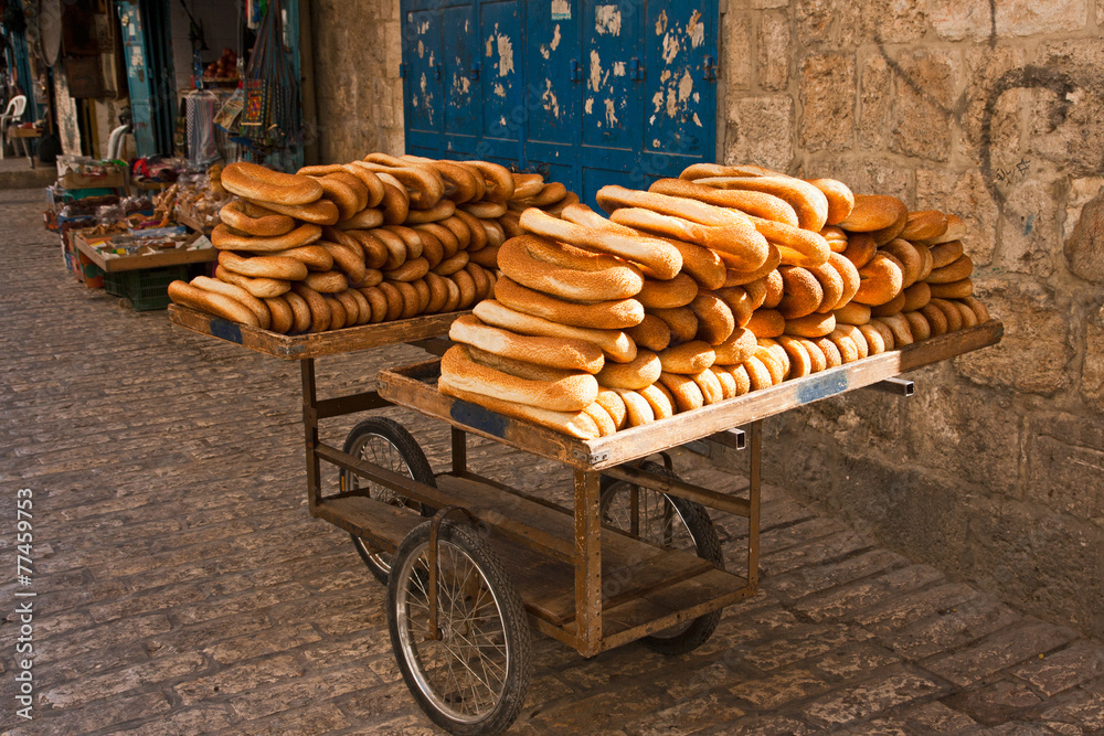 Fototapeta premium Cart of bread in the streets of Old Jerusalem.