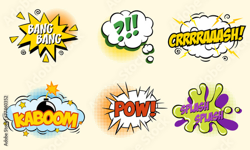 Comic speech bubbles in pop art style with bomb cartoon
