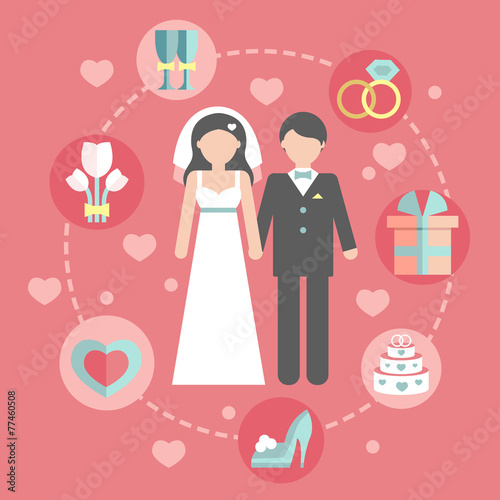 Wedding infographic set with Cartoon Bride and groom.Wedding day