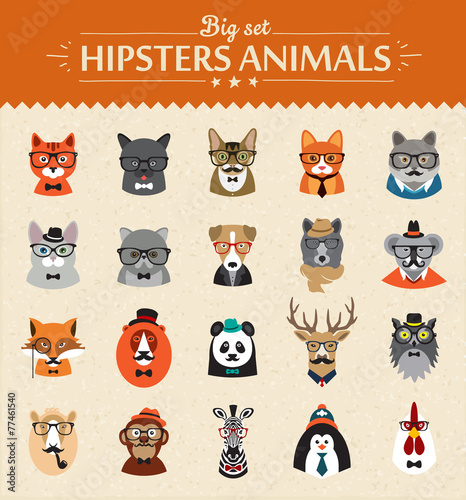 Cute fashion Hipster Animals  of vector icons