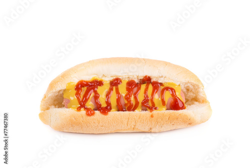 Hotdog with ketchup and mustard.