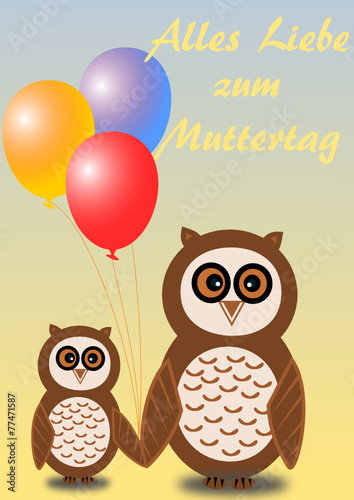 2 Eulen, Mutter und Kind, mit Luftballons und Muttagsgrüße