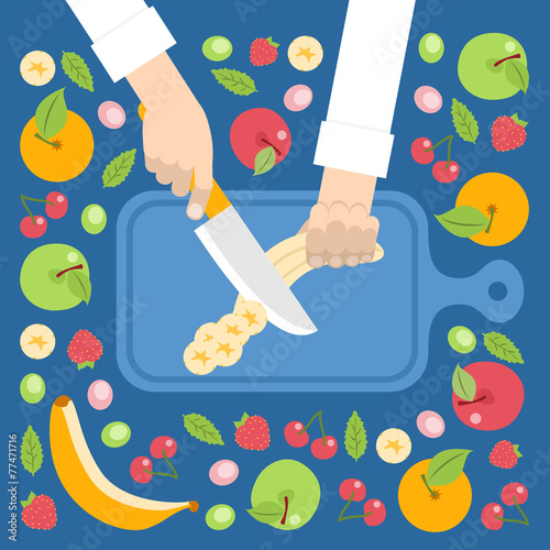 Chef cortando frutas para ensalada