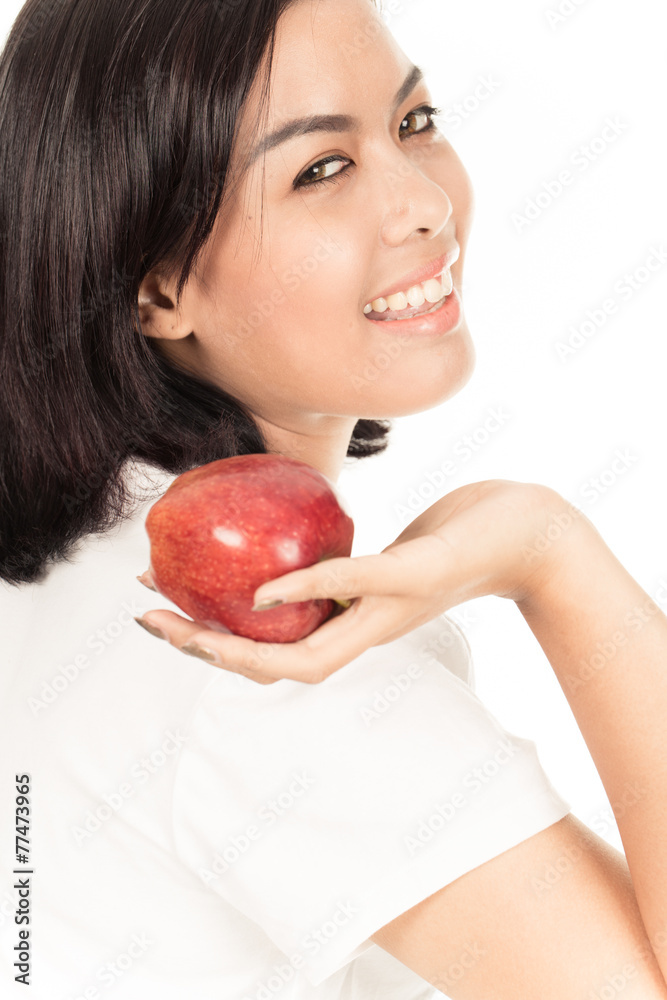 Smiling woman with apple isolated on white Smiling woman with apple isolated on white