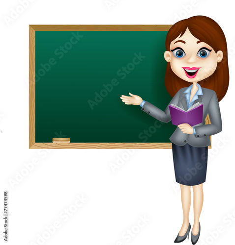 Cartoon female teacher standing next to a blackboard