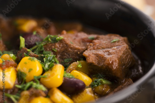 Tasty winter traditional hot pot stew with meat and vegetables