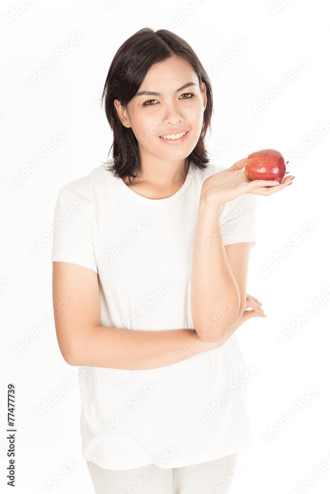 Smiling woman with apple isolated on white Smiling woman with apple isolated on white