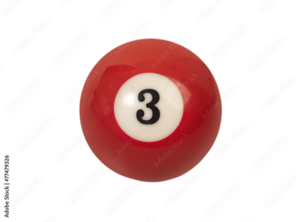 Bola Billar número tres (3) sobre fondo blanco aislado. Vista de frente  Stock Photo