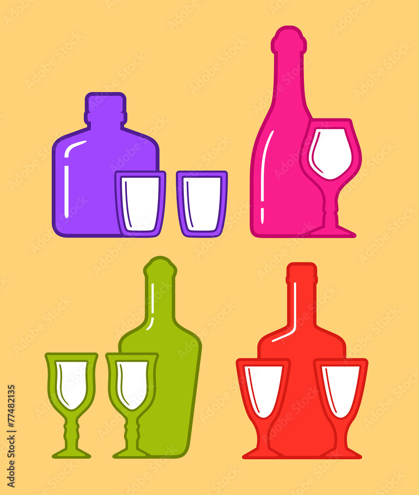 set isolated coorful bottles and glassses icons set isolated coorful bottles and glassses icons