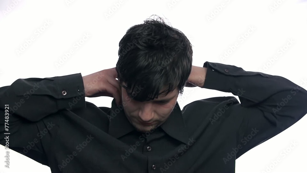 Fixing shirt collar in slow motion on white background Fixing shirt collar in slow motion on white background