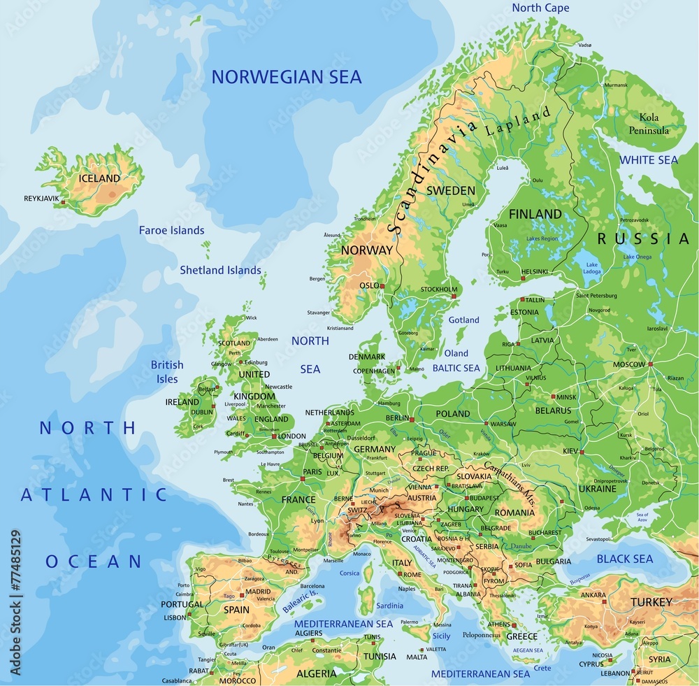 Mapa Ogólnogeograficzna Europy Do Wydruku High detailed Europe physical map with labeling. #77485129 - Mapy - Obraz