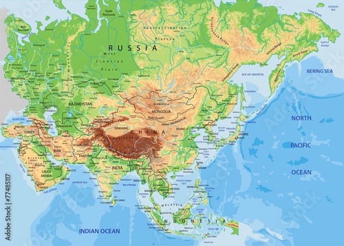 Photo High detailed Asia physical map with labeling