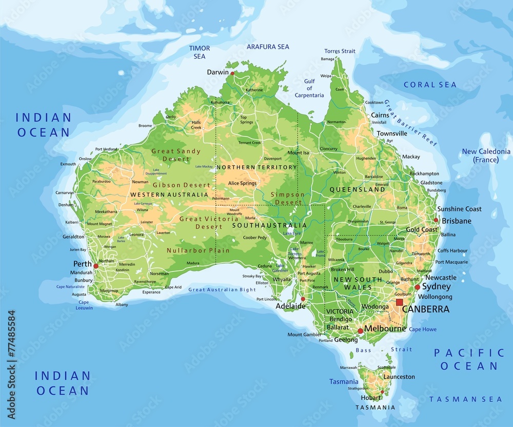 High Detailed Australia Physical Map With Labeling Vector De Stock