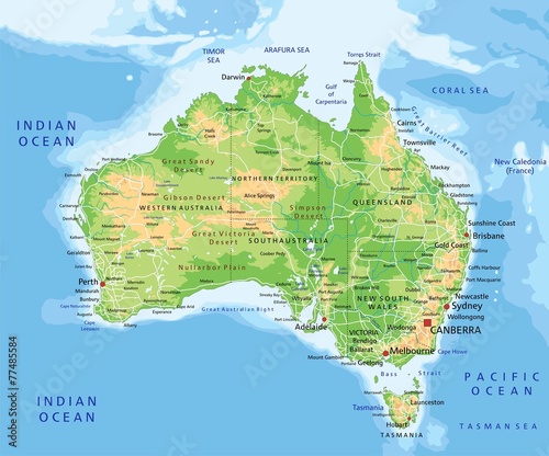 Photo High detailed Australia physical map with labeling.