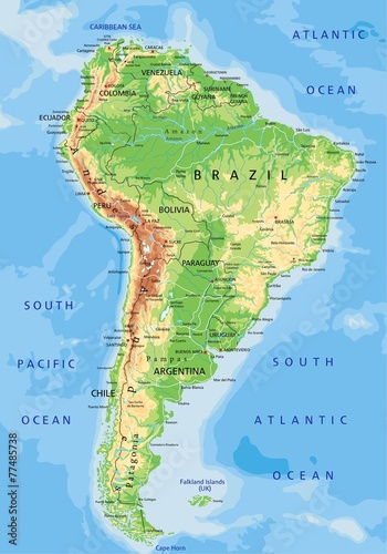 Photo High detailed South America physical map with labeling.