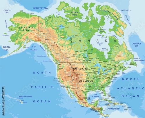 Canvas Print High detailed North America physical map with labeling.