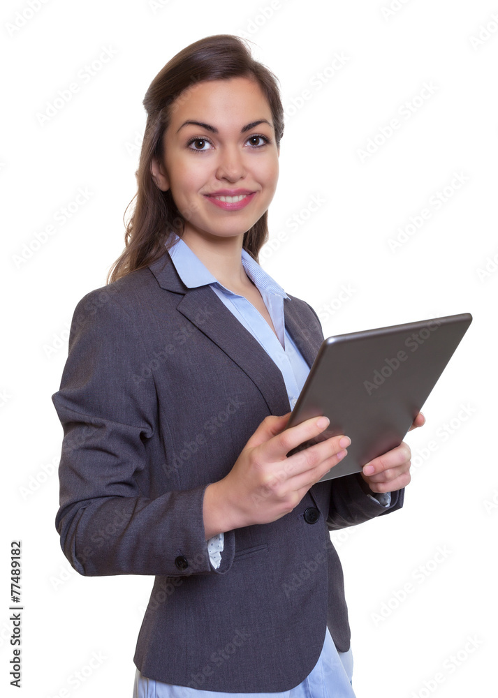 Sympathische Geschäftsfrau im grauen Blazer mit Tablet Sympathische Geschäftsfrau im grauen Blazer mit Tablet