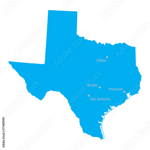 blue map of Texas with indication of biggest cities