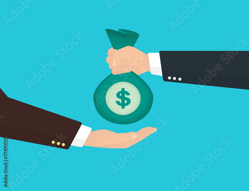 Businessman takes bag of money from another businessman