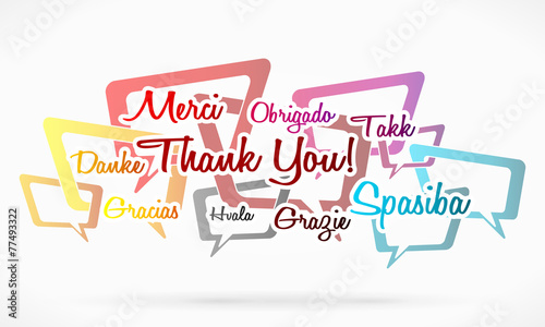 Thank you written in different languages over speech bubbles