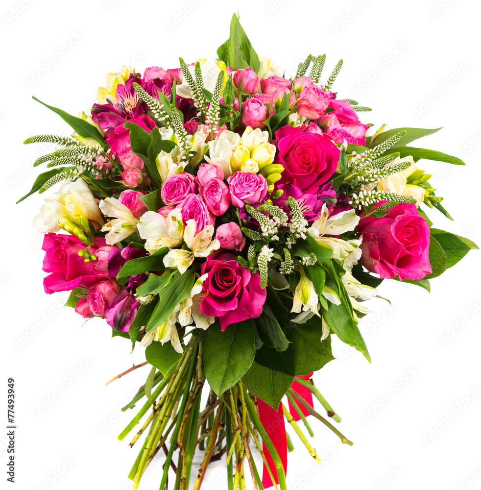 Bouquet of rose and alstroemeria flowers isolated on white background - obrazy, fototapety, plakaty 