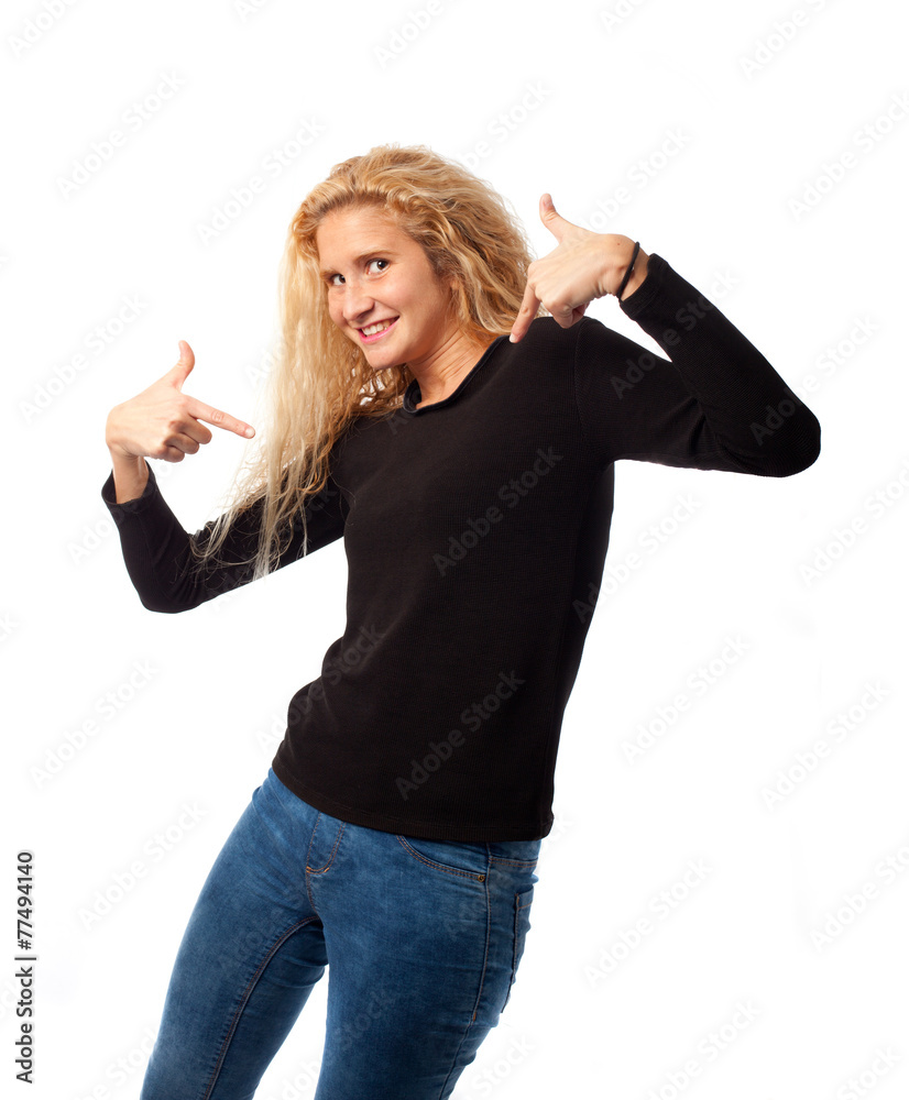 Girl pointing to herself Girl pointing to herself