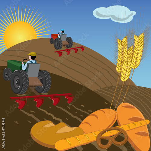 Farmers with tractors, with bread and wheat ears in foreground