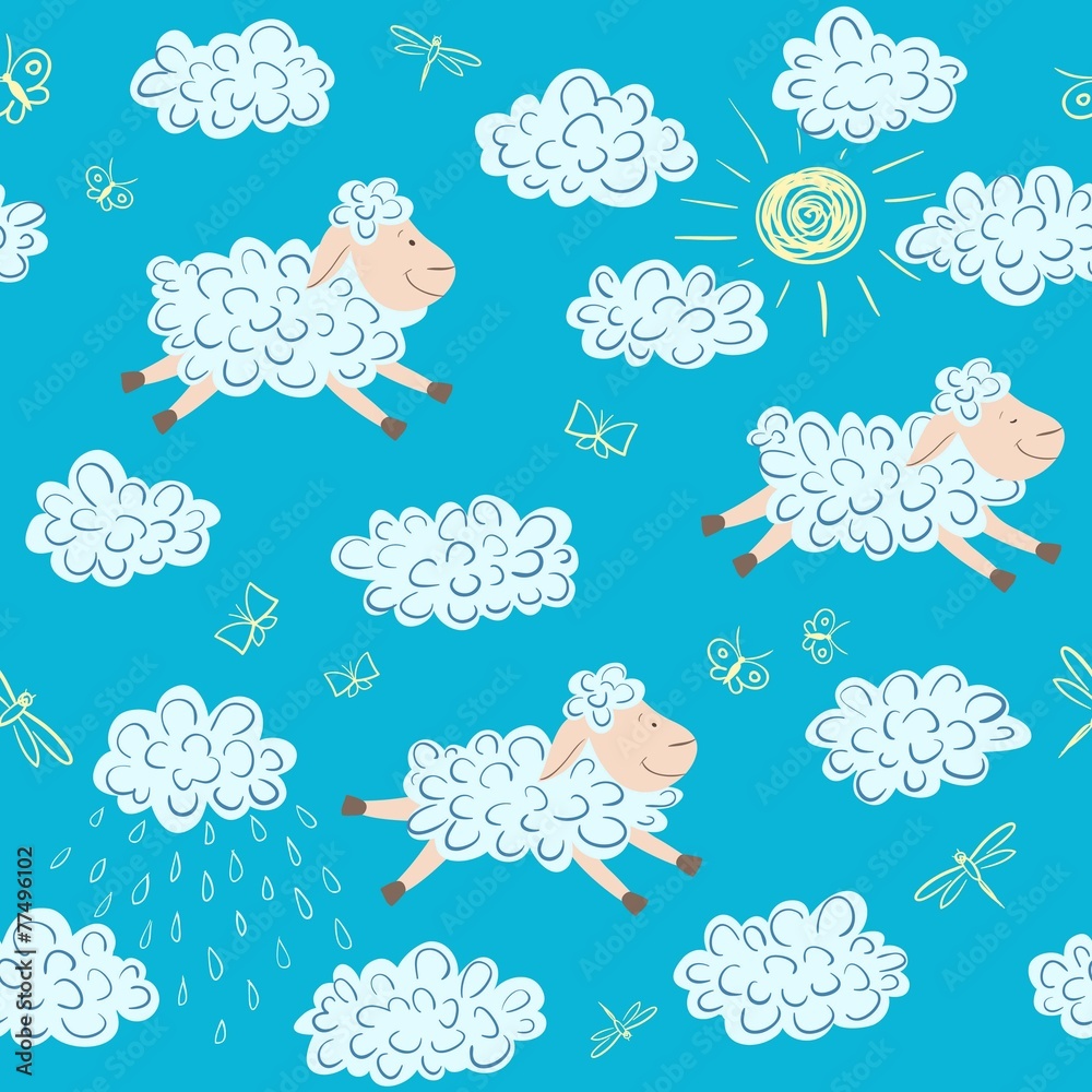Fototapeta premium Vector seamless pattern with sheep and clouds