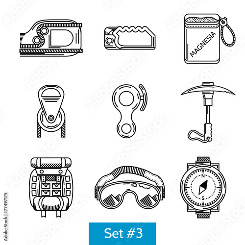 Black vector icons for rock climbing equipment