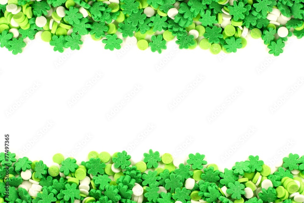 St Patricks Day frame of green shamrock candy sprinkles St Patricks Day frame of green shamrock candy sprinkles