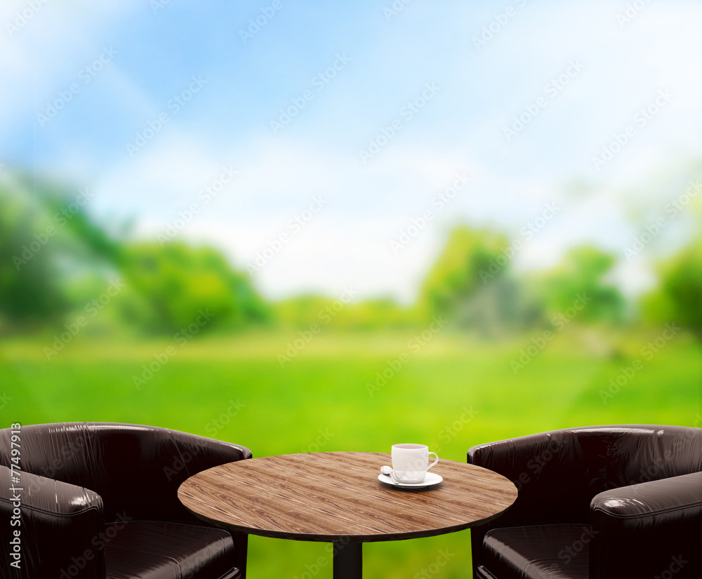 Obraz premium Wood Table Top Background and Green 3d render
