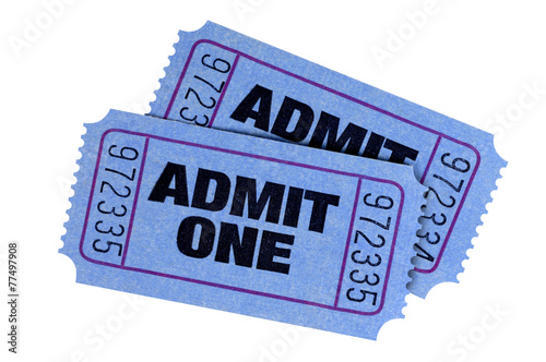Two blue admit one movie or concert tickets isolated white background photo