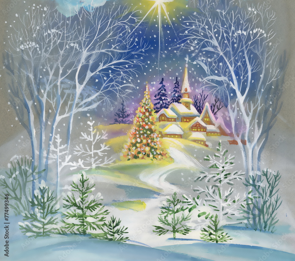 Fototapeta premium Watercolor winter landscape