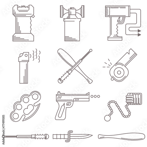 Black line vector icons for self defence