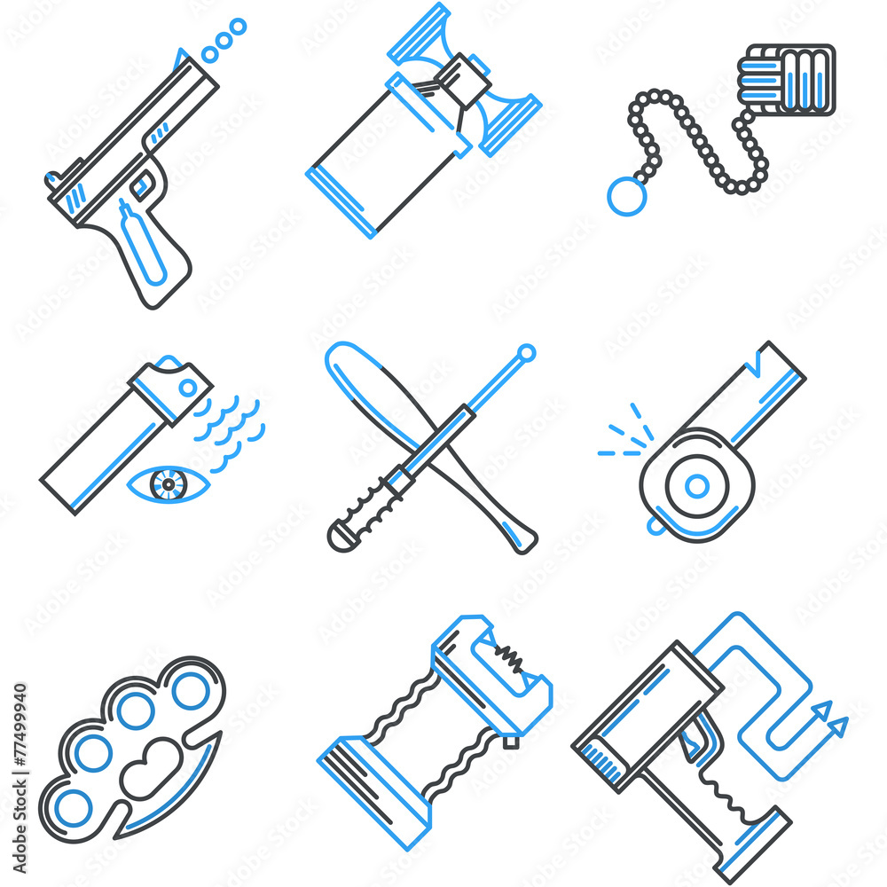 Flat line icons collection of self-defense Flat line icons collection of self-defense