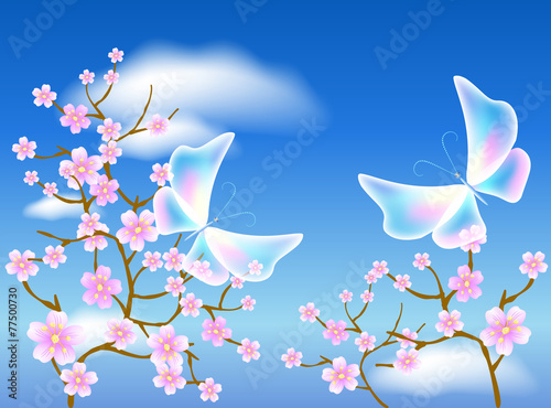 Sakura blossom and transparent butterflies