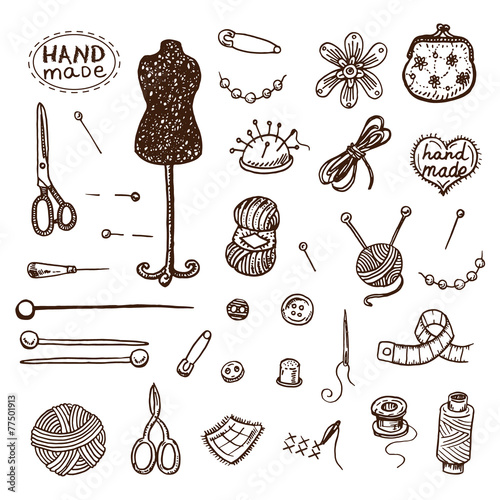 Hand drawn sewing icons set
