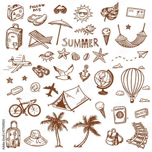 Hand drawn summer travel doodles set.