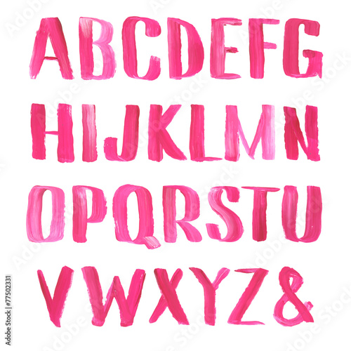 Lipstick and nail polish font. Hand drawn red oil painting alphabet.