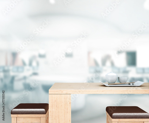 Wood Table Top Background In Office 3d render