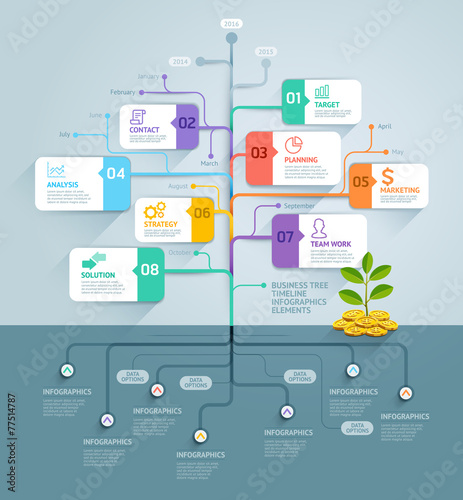 Business tree timeline infographics.