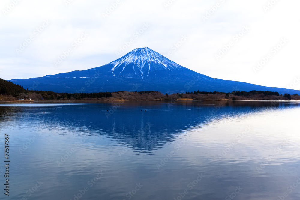 Inverted Mount Fuji reflected in Lake Tanukiko