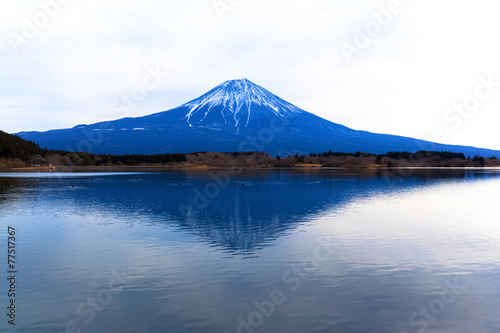 Inverted Mount Fuji reflected in Lake Tanukiko