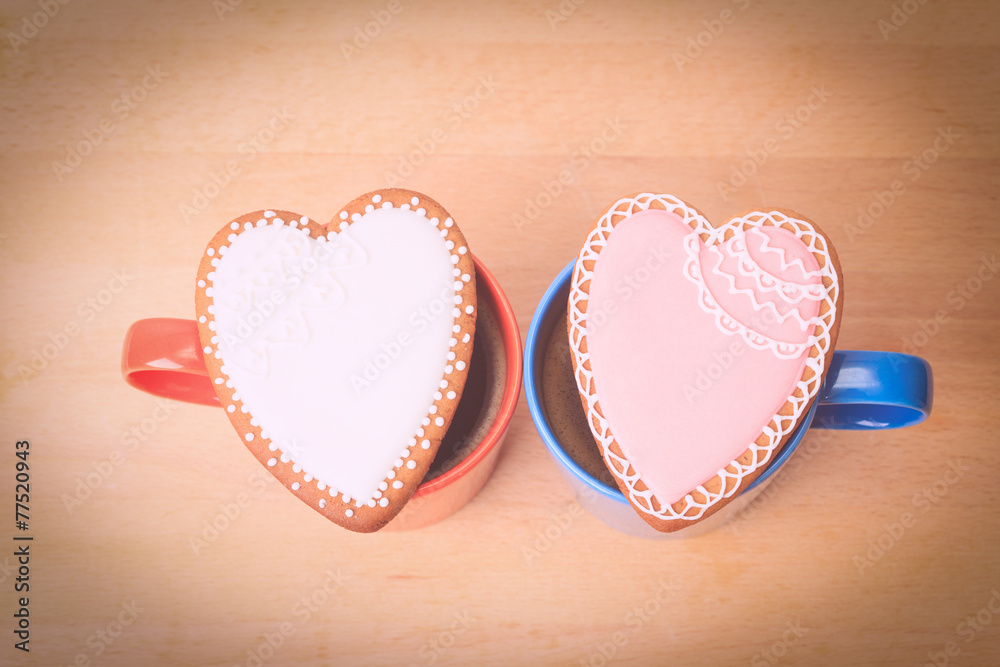 two coffee cups and heart cookies two coffee cups and heart cookies