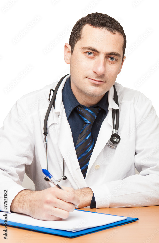 Doctor filling out medical document Doctor filling out medical document