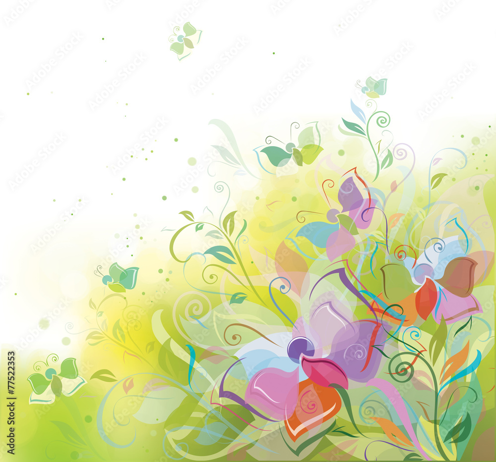 Vector spring background, plants and butterflies. Vector spring background, plants and butterflies.