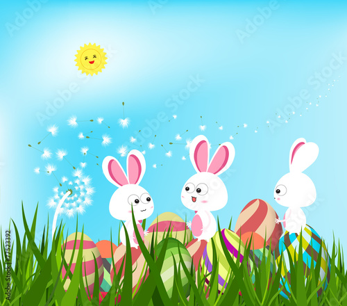 happy easter eggs and bunny background with white dandelions